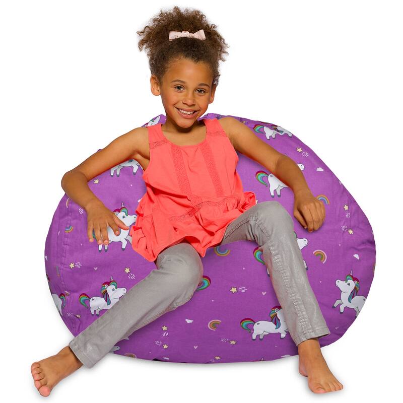 Kids Bean Bag Chair, Big Comfy Chair - Machine Washable Cover - 38 Inches Large - Canvas Unicorn and Rainbows on Purple