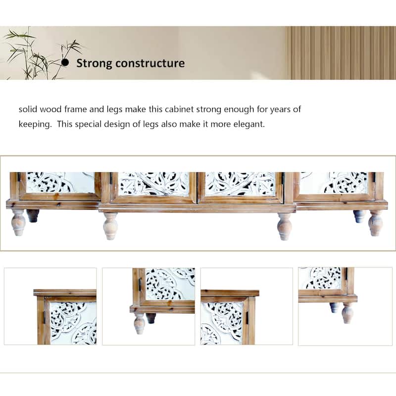 4-Door Hollow-Carved Accent Cabinet, Distressed Wood Storage Cabinet Cupboard with adjustable shelves,unique design