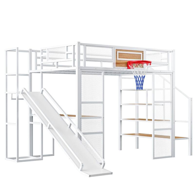 Full Size Metl Loft Bed with Open Wardrobe, Slide and Bulit-in Desk, Kids Loft Bedframe with Basketball Hoop and Storage Shelves