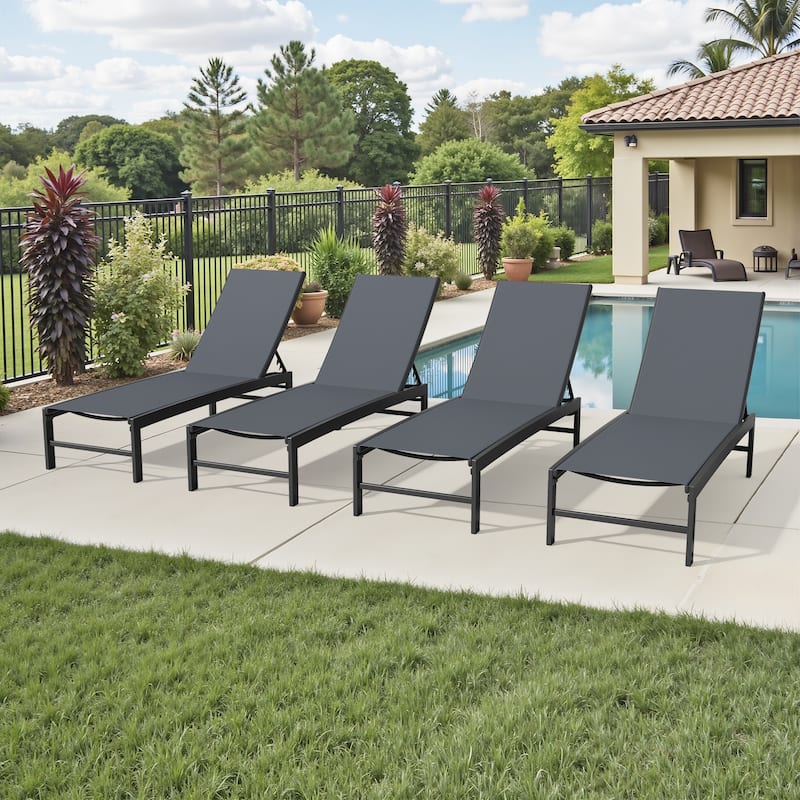 Outdoor All-Weather Patio Chaise Lounge Chairs Sun Lounger with Adjustable Backrest - Dark Grey - 4PC