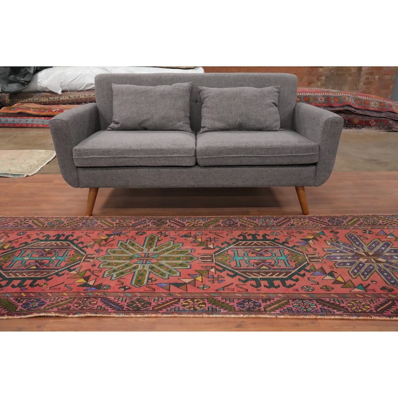Hand Knotted Oriental 100% Wool Carpet Traditional Geometric Pink Heriz Runner Rug - 12' 2'' X 3' 0''