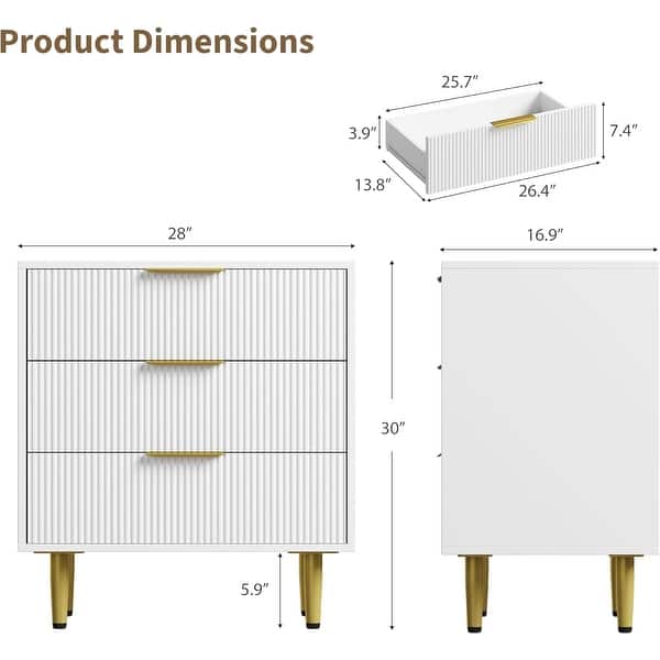 dimension image slide 6 of 15, Modern Natural Wood Color Fluted Dresser, Wooden Chest with Gold Metal Handles & Legs