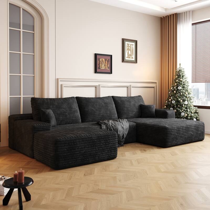 Modern Corduroy Compression Chaise Couch, U-shaped Sectional Sofa with Ottoman and Pillows Backrest for Living Room