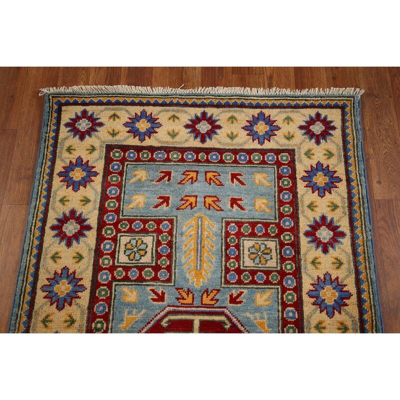 Light Blue Geometric Kazak Runner Rug Hand-Knotted Wool Carpet - 2'7" x 20'8"