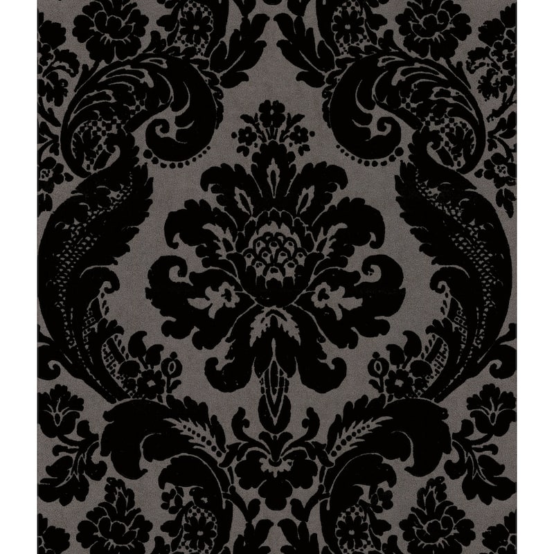 A-Street Prints Shadow Black Flocked Damask Wallpaper