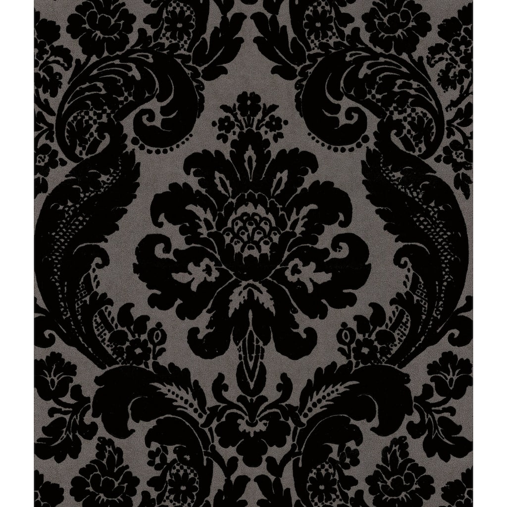 A-Street Prints Shadow Black Flocked Damask Wallpaper