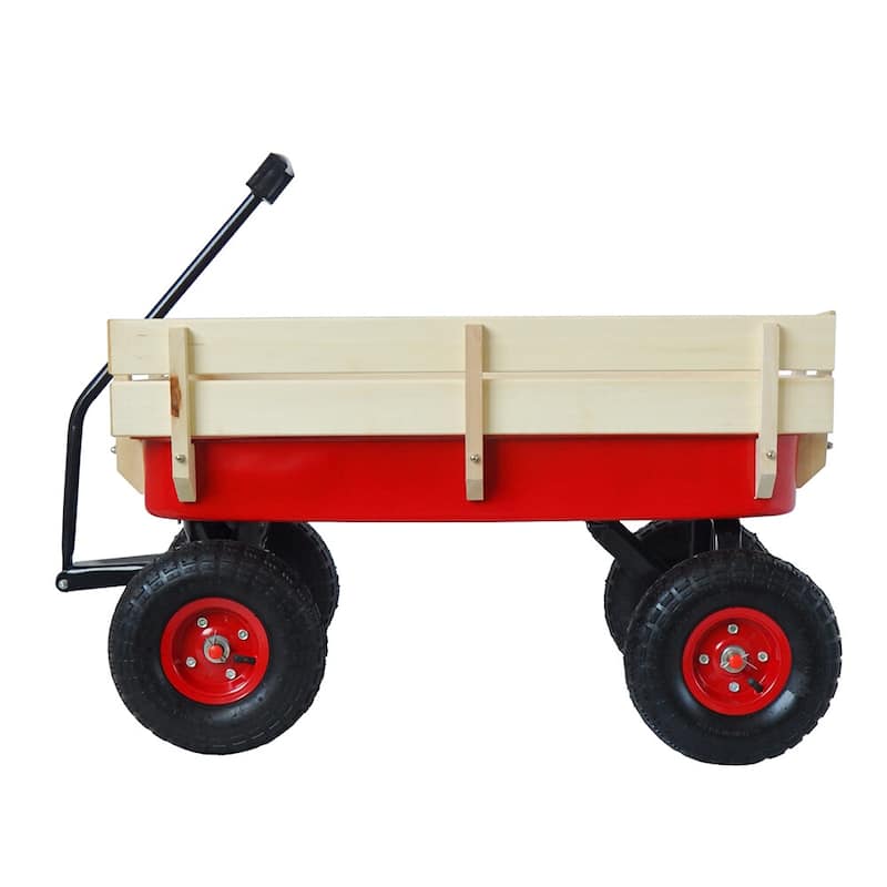 Outdoor Garden Cart, All Terrain Cargo Wagon Wood Railing Children - 39.37" x 19.3" x 20.28" (L x W x H) - Red