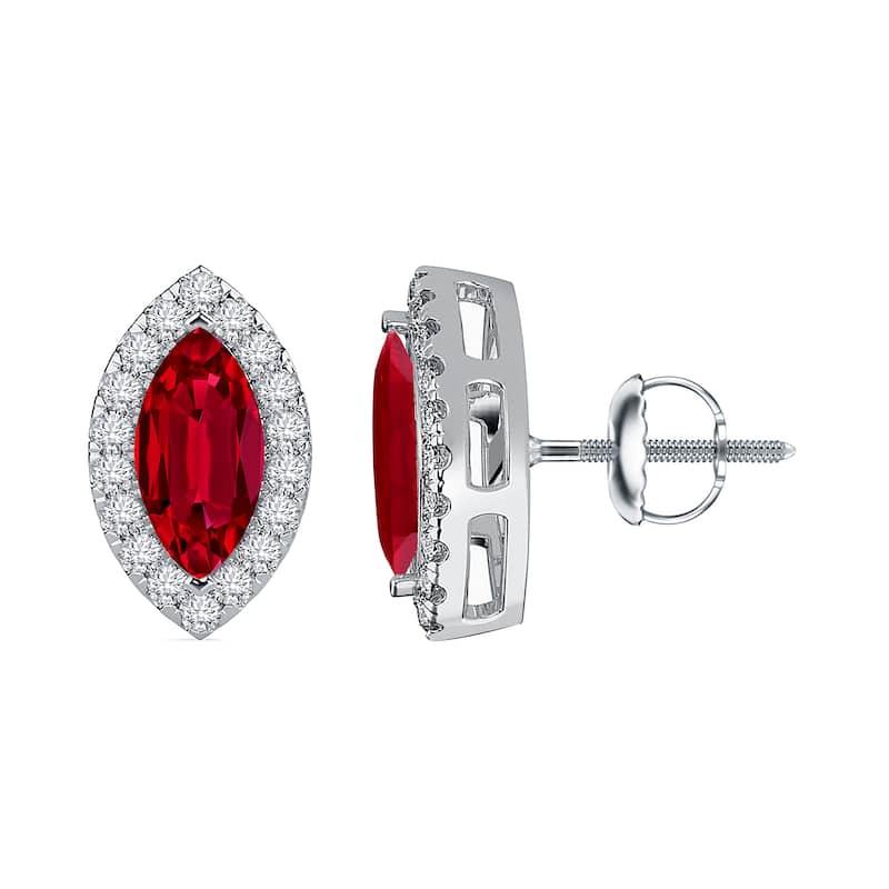 Auriya 14k Gold Lab Grown Gemstone Ruby Stud Earrings Marquise 0.25 to 5.00 ct. tw. Halo Screw-Back - 3.00ct tgw. - White