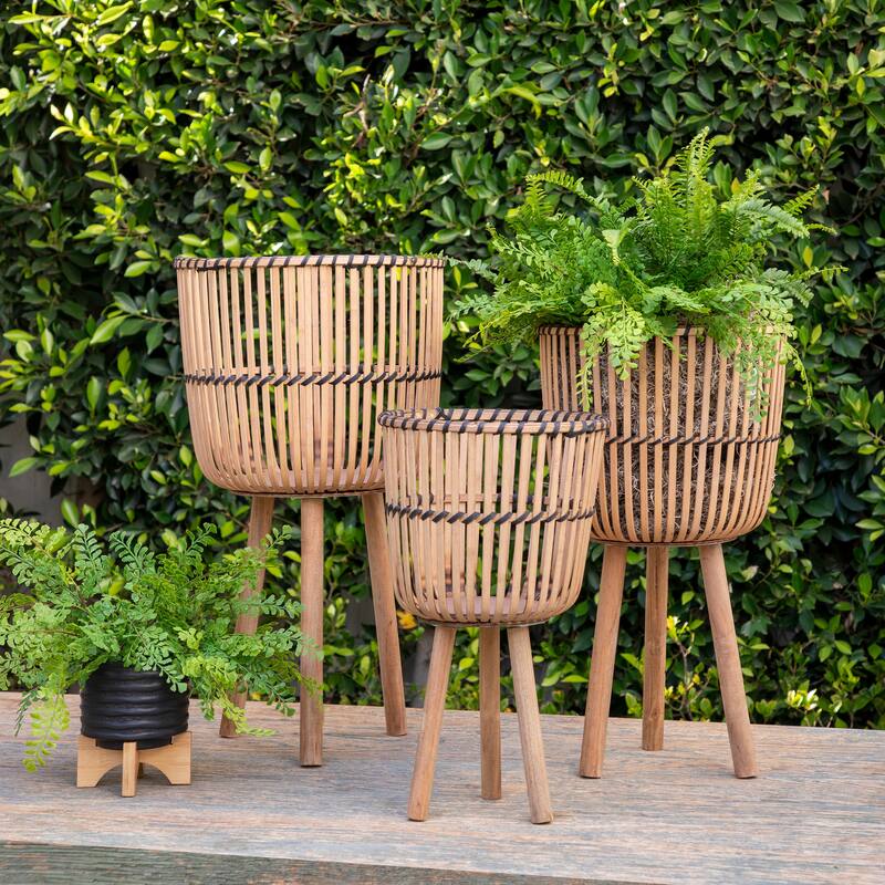 Sagebrook Home Wicker Modern Boho Bamboo Planter Set - 15" x 15" x 26" - Set of 3 Brown