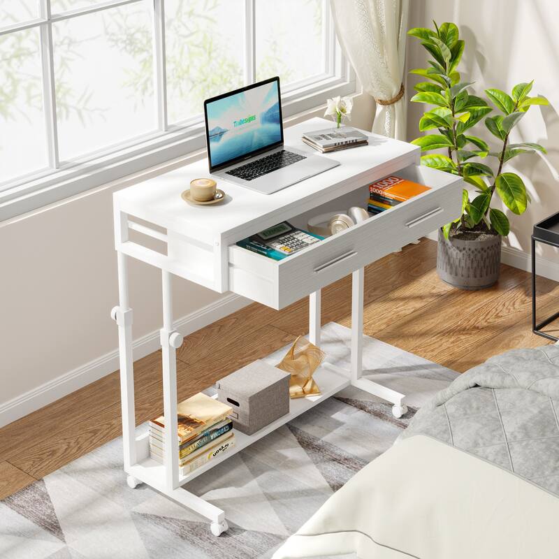 Portable Mobile Laptop Desk with Drawers, Rolling Standing Sofa Side Table for Home Office