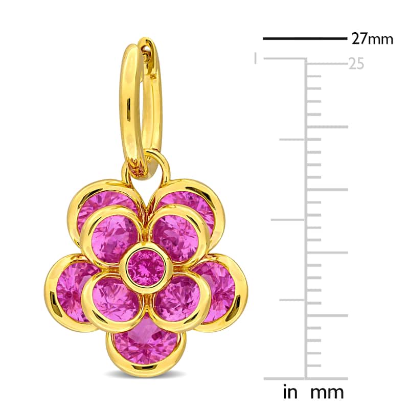Miadora 7 1/2ct TGW Created Pink Sapphire Flower Hoop Earrings Yellow Silver