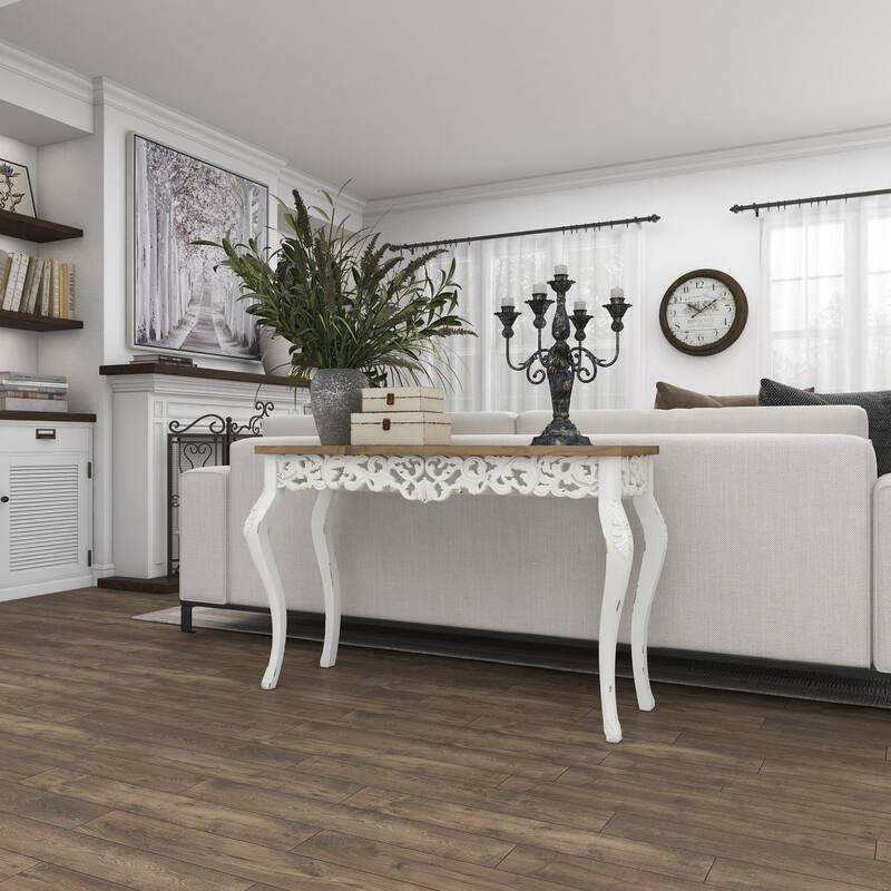 White Wood Intricately Carved Scroll Console Table with Brown Wood Top