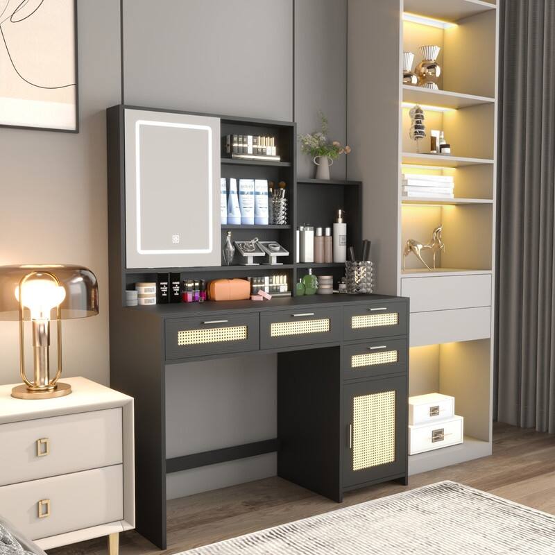 Make Up Vanity with LED Lights and Openable Mirror, Rattan Vanity Desk with 4 Drawers, 1 Cabinet and Storage Shelves for Bedroom