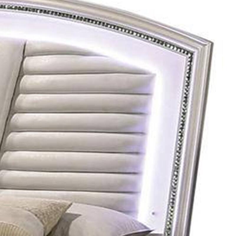 Sam California King Bed with LED, Storage, White Tufted Faux Leather