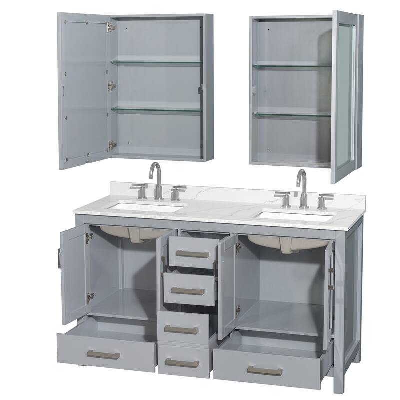 Sheffield 60-inch Double Vanity, 3 Hole Quartz Top, Med Cabinets
