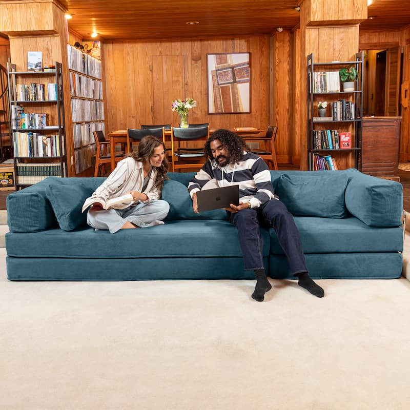 Jaxx Unsofa Modular Convertible Sectional Sofa with Fold Out King Sleeper Bed - 3-Seat Sofa. - Corduroy Aqua Blue