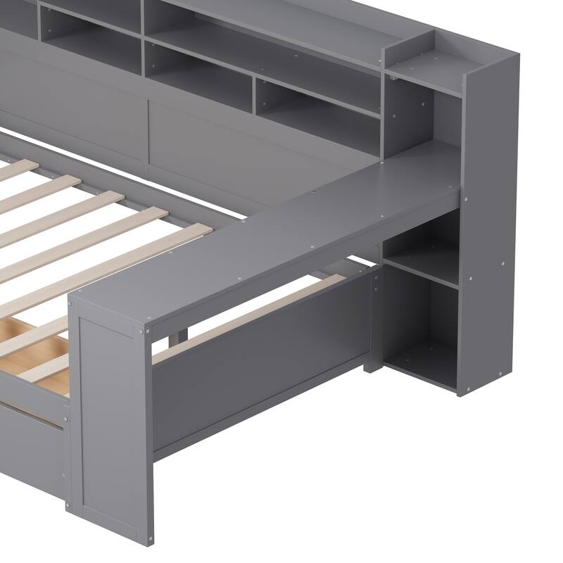 Wood Twin/Full Size Daybed with Storage Shelves, Two Storage Drawers and Study Desk