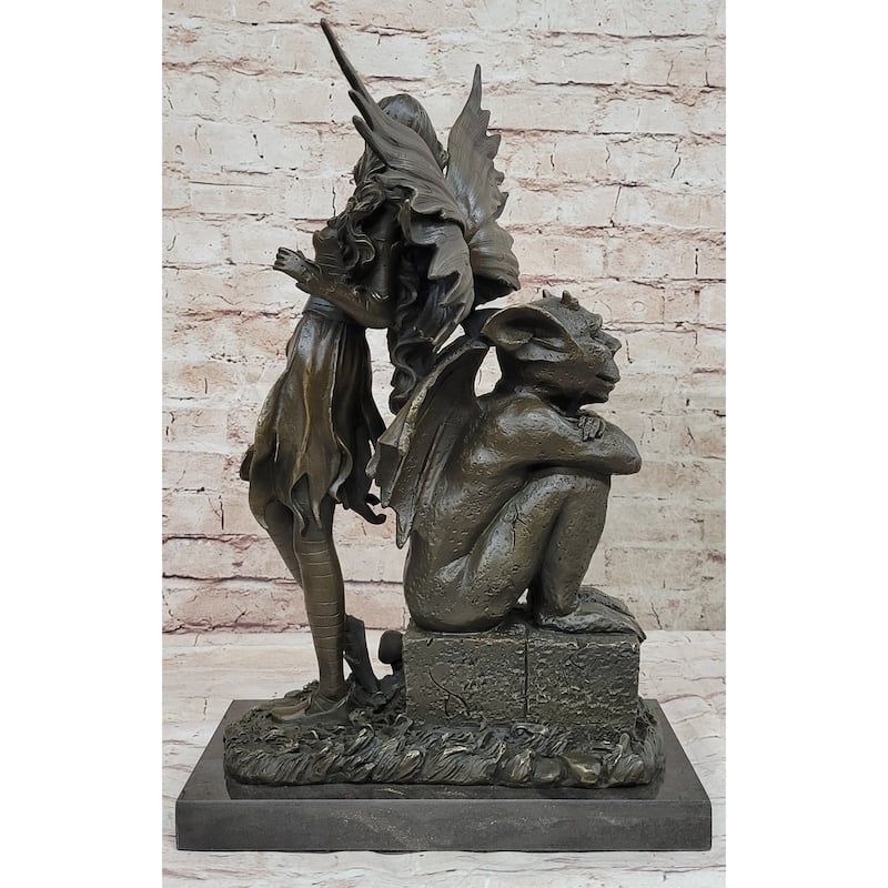 Art Deco Hot Cast Midnight Fairy With Gargoyle Bronze Sculpture Statue By Aldo Vitaleh