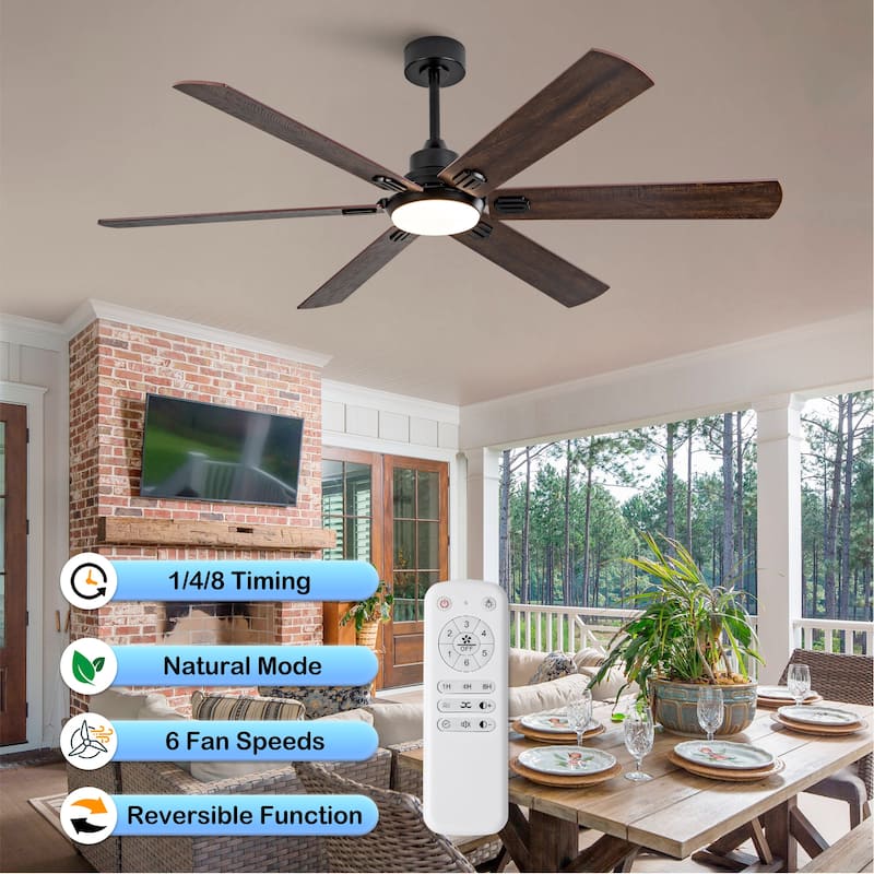 Smart 60" Indoor/Outdoor Ceiling Fan with Light, Dual Finish Black/Walnut 6-Blade, Remote Control, Dimmable LED