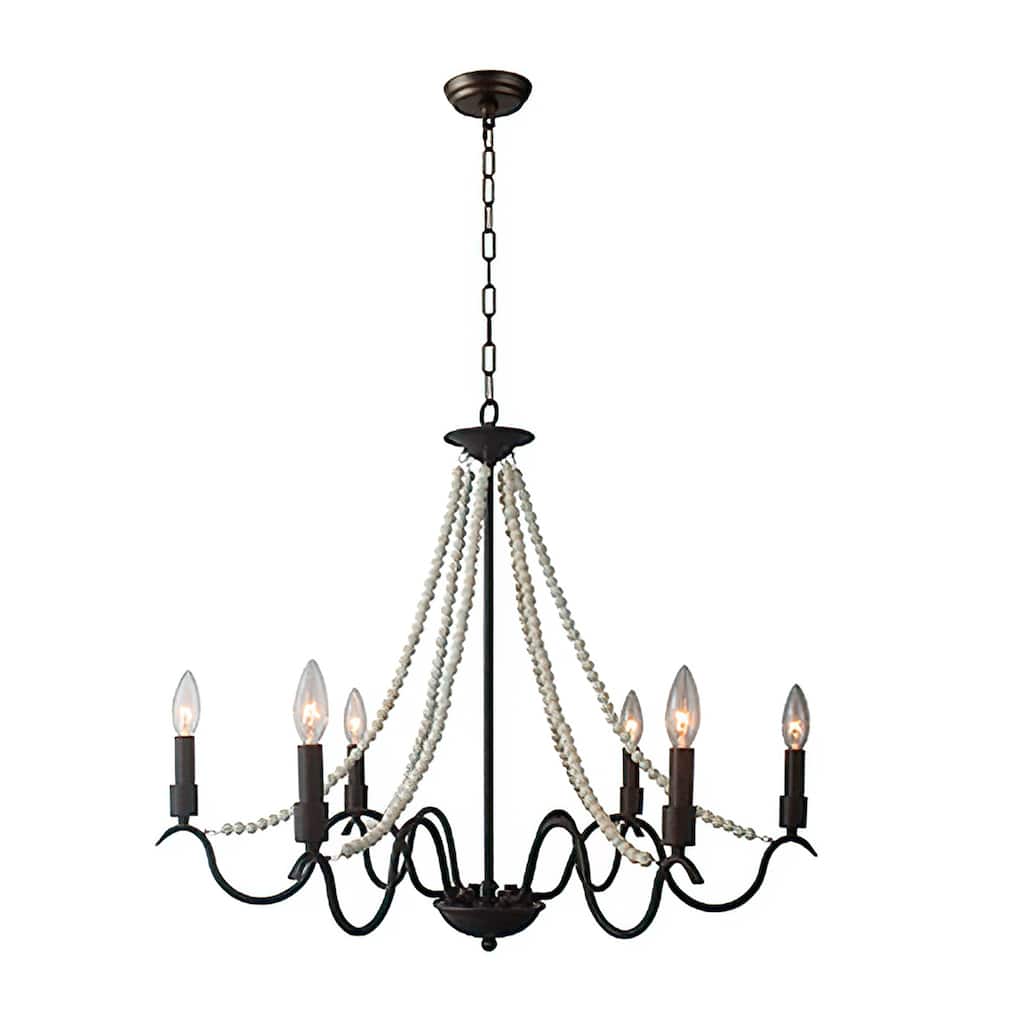 6 Light Candle Chandelier in Rustic Finish with white wooden beads