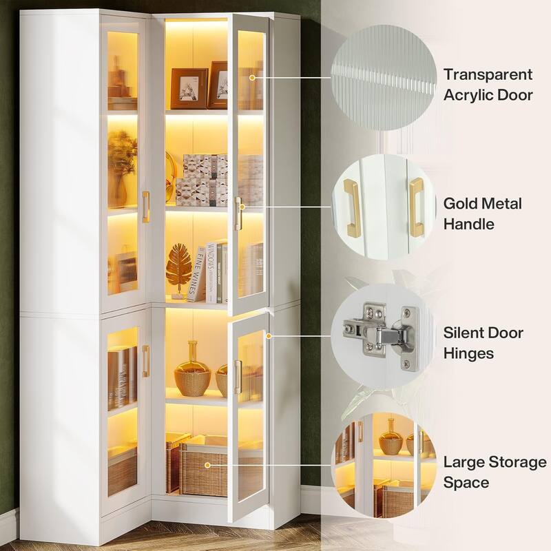 Tall Bookcase with LED Light, Modern 5-Tier Bookshelf Display Cabinet with 4 Acrylic Doors