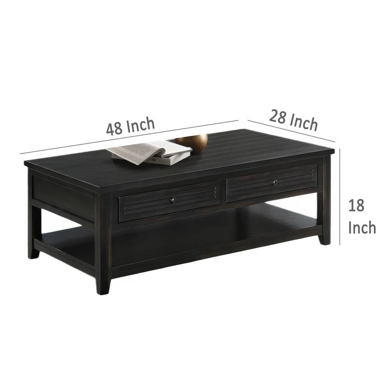 Coni Coffee Table, 2 Drawers, 1 Shelf, Black Wood Frame, 48 Inch