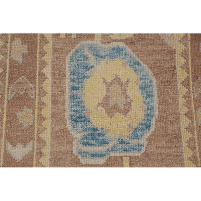 Hand Knotted Oriental 100% Wool Carpet Transitional Geometric Brown Oushak Runner Rug - 13' 6'' X 3' 0''