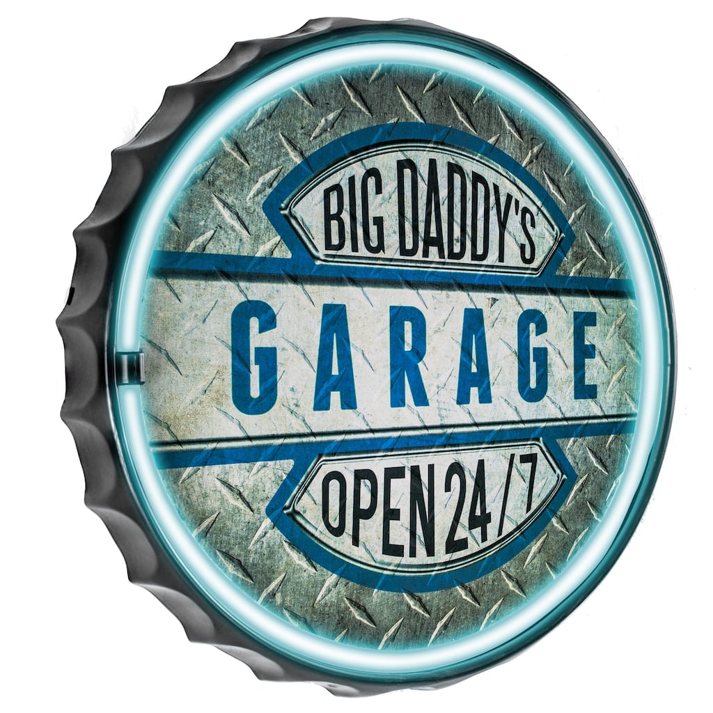 American Art Decor Big Daddy's Garage Bottle Cap Shaped LED Light Up Sign Wall Decor for Man Cave Bar Garage - Grey