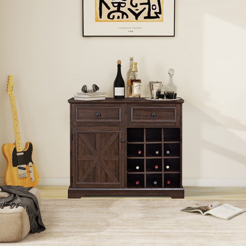 Barn Door Buffet Bar Cabinet With Drawers And Storage Shelves