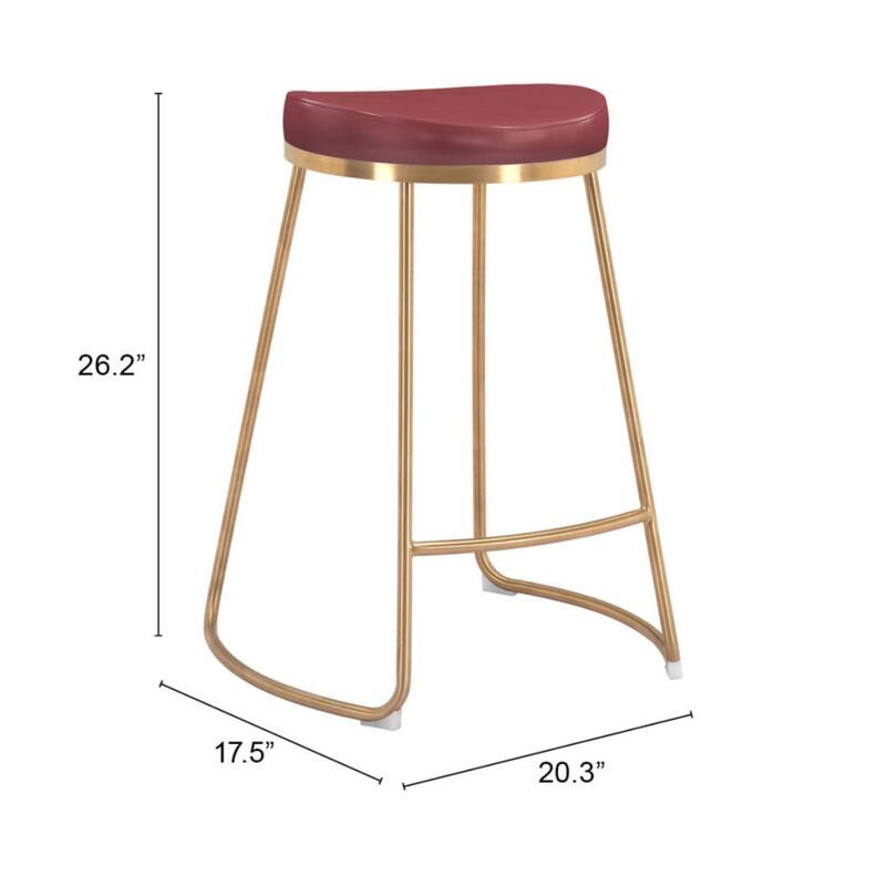 Set of 2 Modern Red and Gold Counter Height Bar Stools with Faux Leather Bucket Seats for Kitchen or Living Room