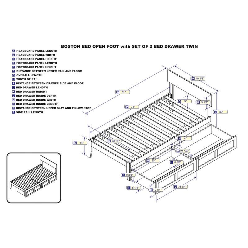 Boston Twin Platform Bed with 2 Storage Drawers in Espresso