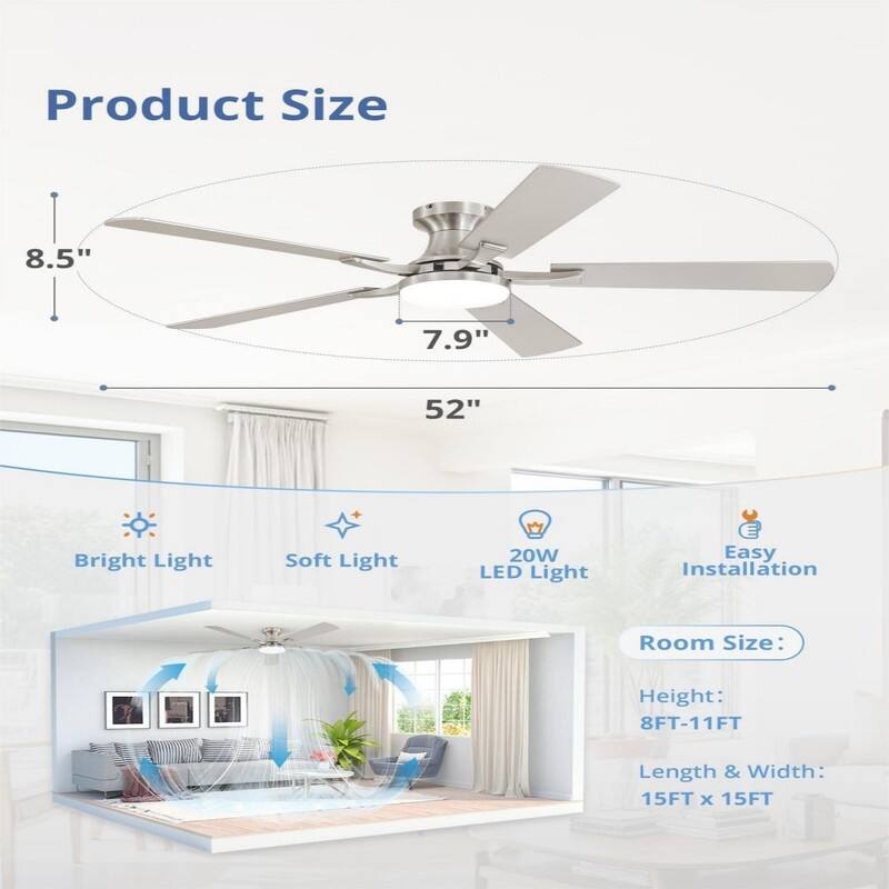 20W Dimmable LED Ceiling Fan with Light, App & Remote Control, Flush Mount Low Profile, Quiet Reversible Motor for Bedroom
