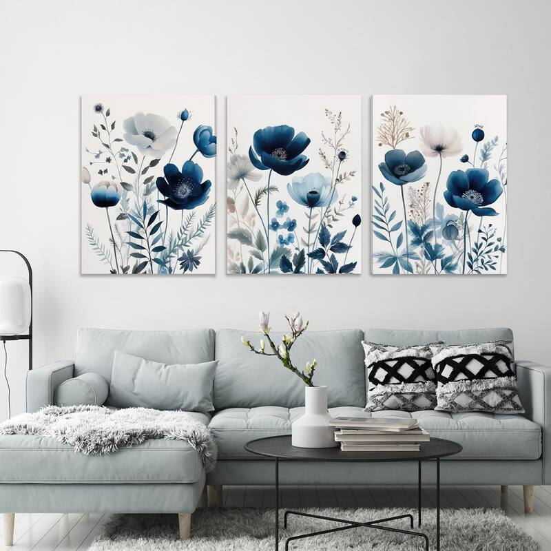 Elegant Navy Blue Wildflower Lily Daisy Art Wall Decor