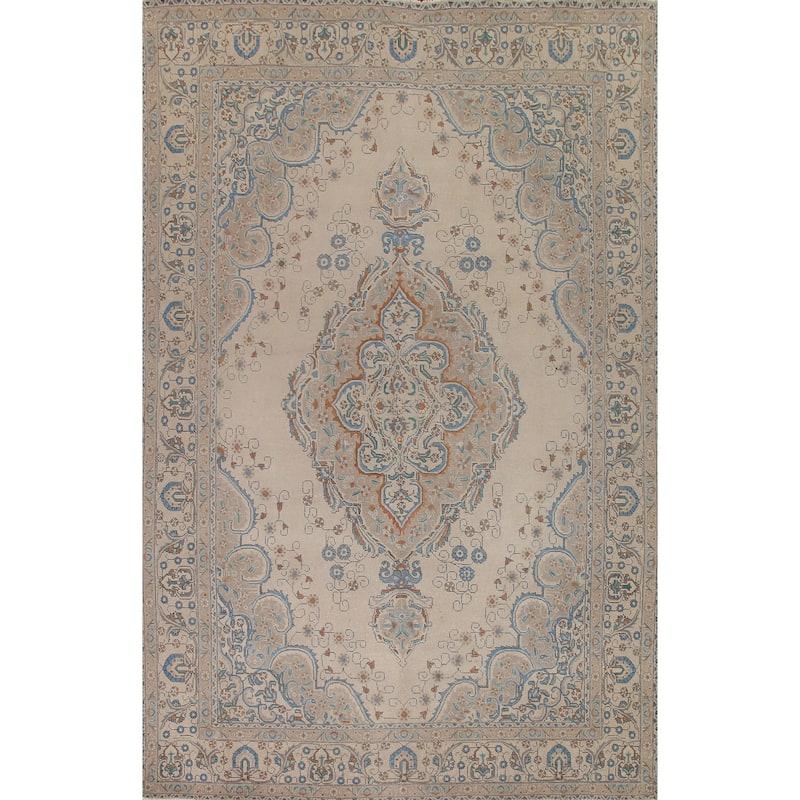 Hand Knotted Oriental 100% Wool Carpet Traditional Medallion Beige & Ivories Tabriz Area Rug - 13' 0'' X 9' 7''