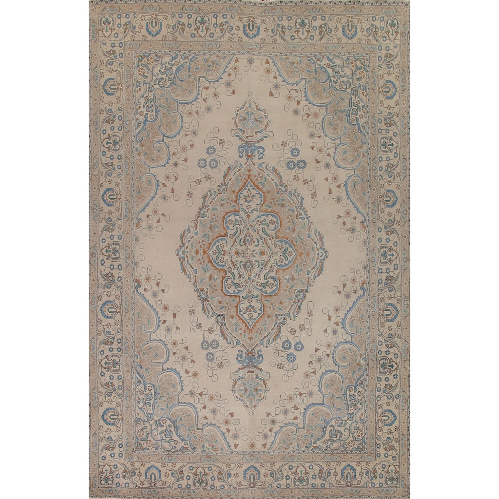 Hand Knotted Oriental 100% Wool Carpet Traditional Medallion Beige & Ivories Tabriz Area Rug - 13' 0'' X 9' 7''