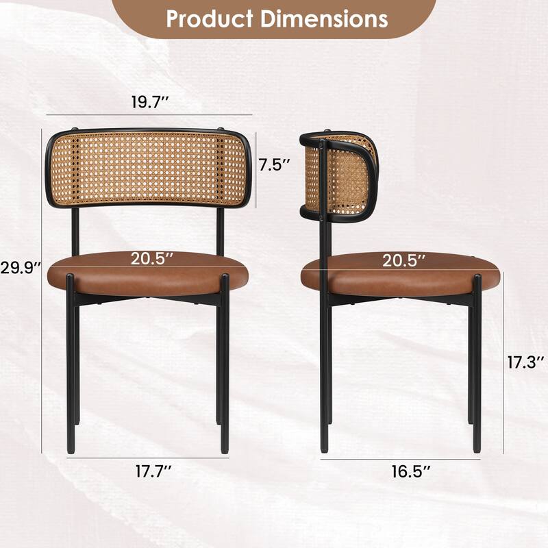 Dining Chairs Set of 4, PU Leather Upholstered Seat with Woven Rattan Back, Sturdy Metal Legs Modern Side Chairs