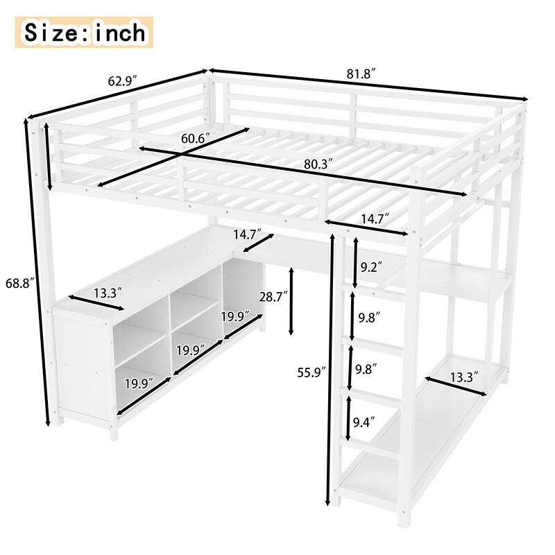 Metal Loft Bed with Wardrobe and L-Shaped Desk, Storage Cubes and Shelves, Space Saving Loft Bed for Teens