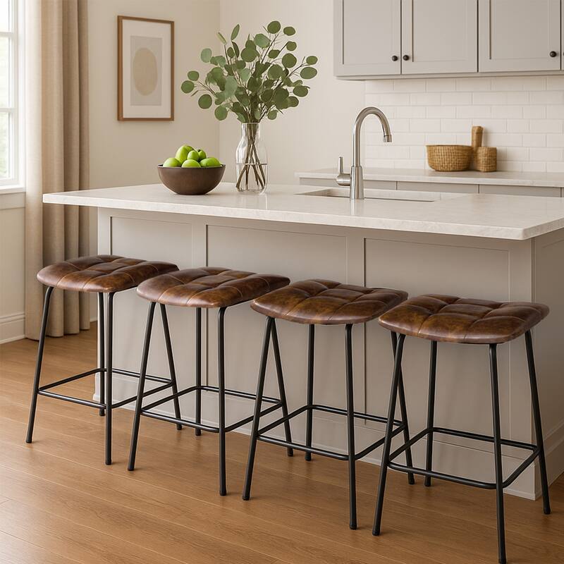 Saddle Tufted 24” Height Breathable Faux Leather Counter Stools - Set of 4 - Dark Brown