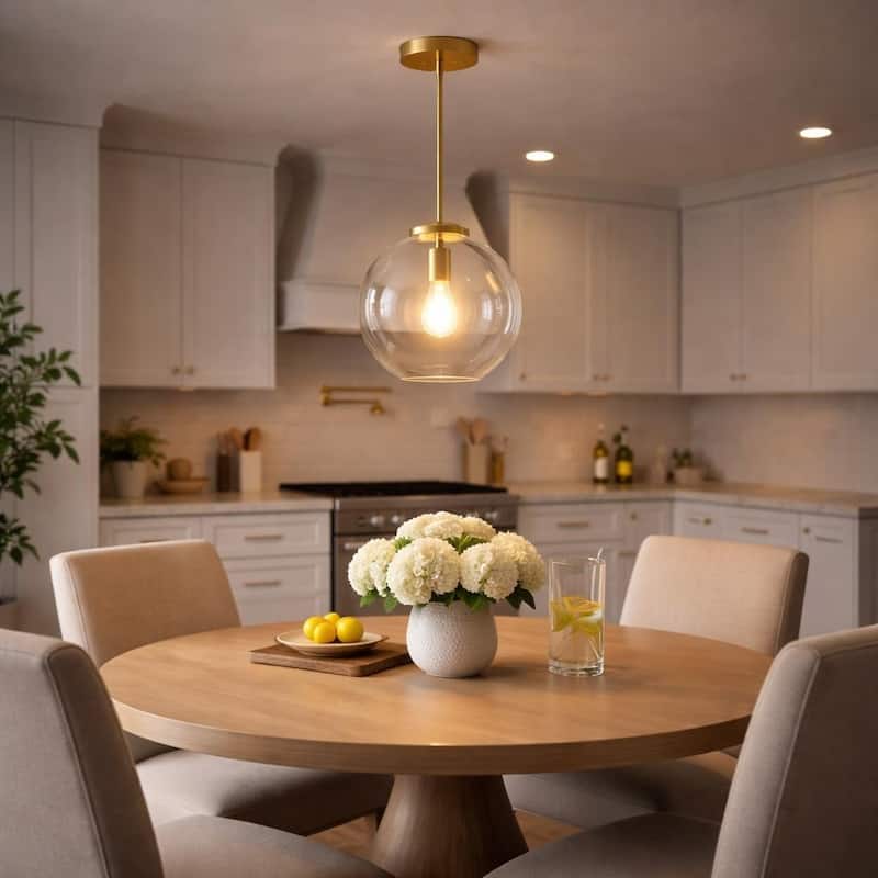 Rexe Satin Brass Pendant with Clear Glass Dome Shade - Clear Glass