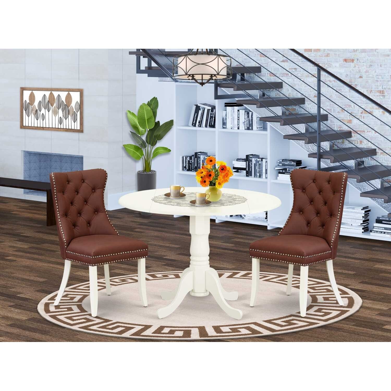 3-Piece Linen white Solid Wood Top-Round Upholstered Dining Room Set -Seats 4
