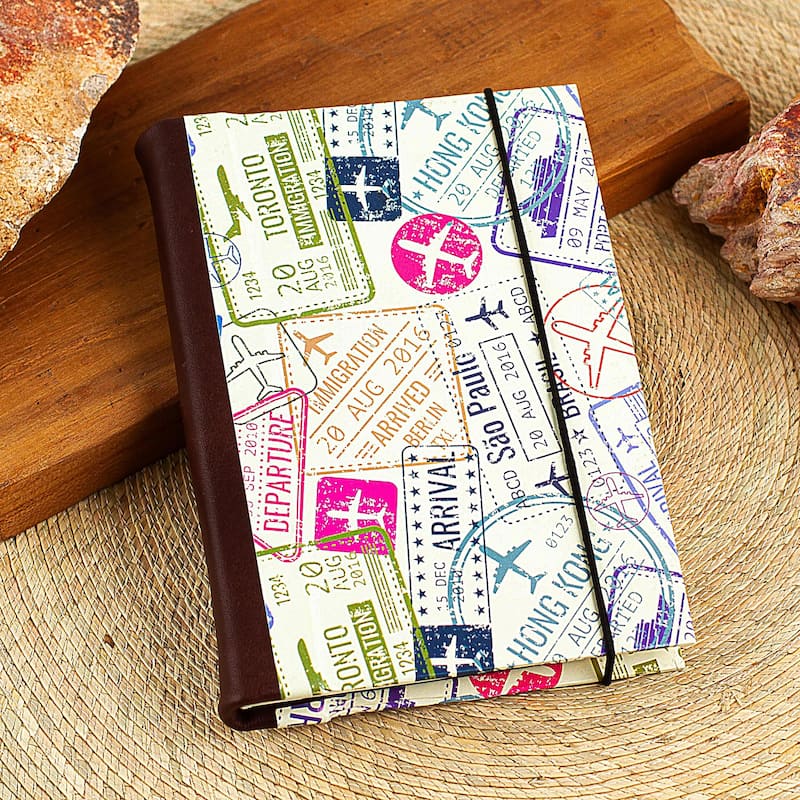 Novica Handmade Passport Stamps Leather Trimmed Recycled Paper Journal