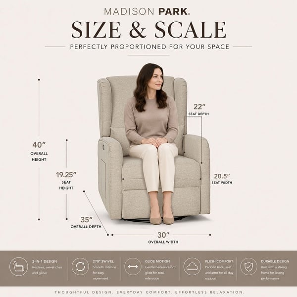 Madison Park Candace Power Recliner 3-in-1 with Swivel, Glider, USB Ports