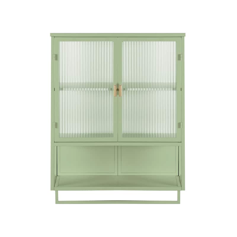 Glass Door Double Door Wall Cabinet with Towel Rack and Open Shelving