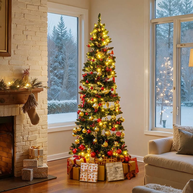 Costway 6/7 FT Artificial Christmas Tree with 612/791 Branch Tips Warm - See Details - Green - 7 Foot