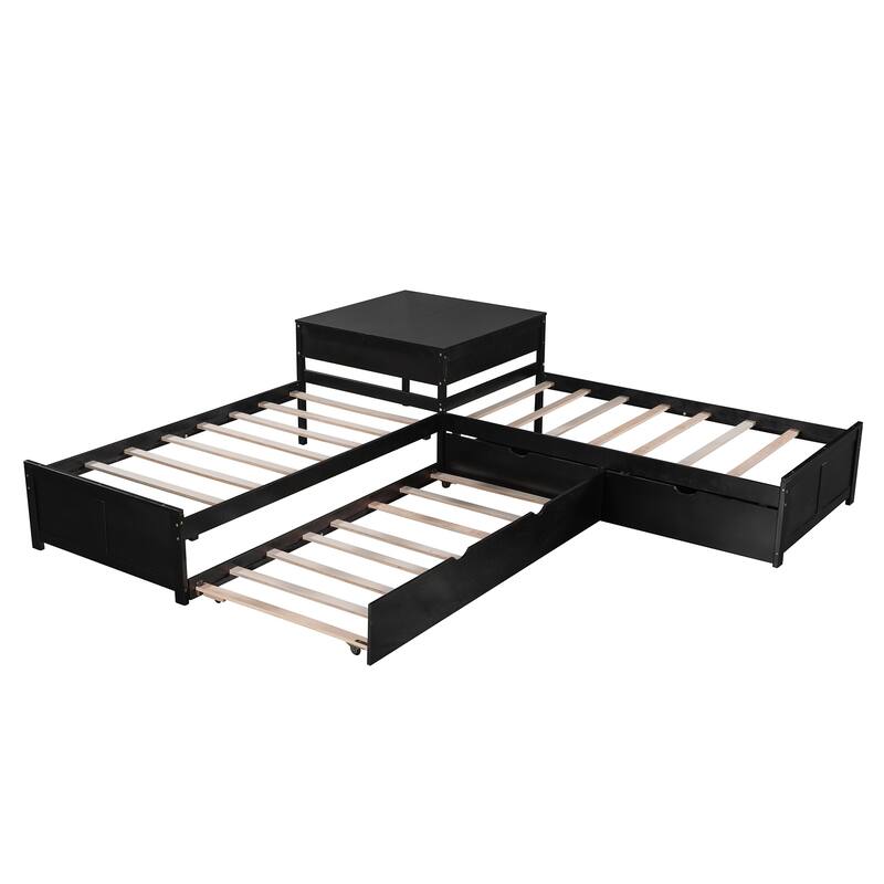 L-Shaped Twin Platform Beds with Trundle & Table, Versatile 3 Wood Corner Bedframe in 1