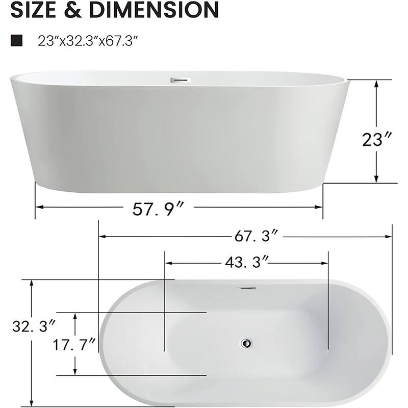Vanity Art 67" Acrylic Freestanding Soaking Bathtub