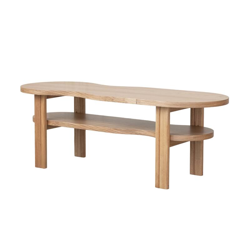 Oak Wood Veneer and Rubberwood Coffee Table with Shelf