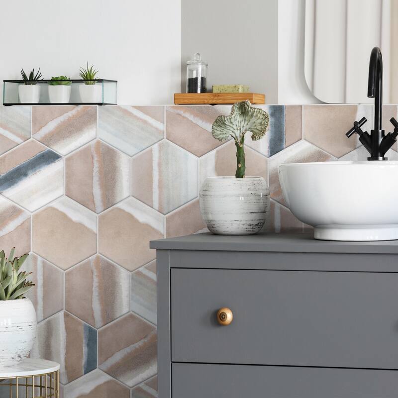 Merola Tile Matter Hex Canvas Taupe Blue 7-7/8" x 9" Porcelain Floor and Wall Tile - Case (10 Tiles)