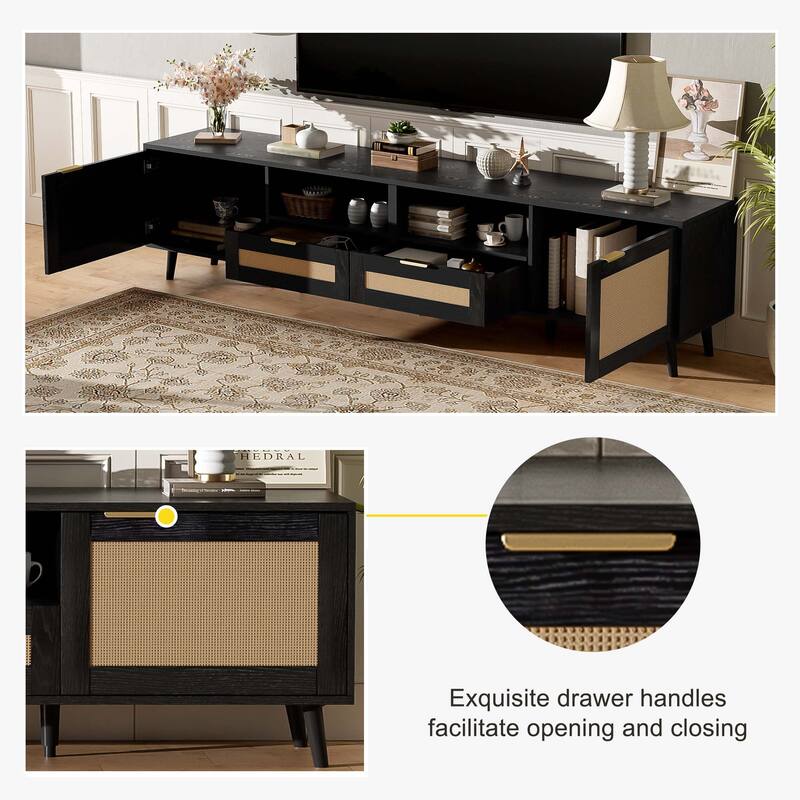 Farmhouse Rattan TV Stand Media Console, for TVs up to 85" with 2 Storage Cabinets and 2 Open Shelves, for Living Room