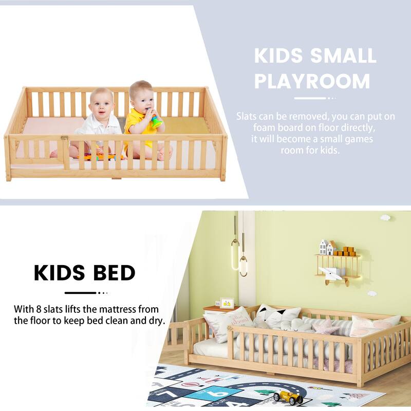 Twin/Full/Queen Size Floor Bed with Safety Guardrails for Kids, Wood Montessori Bedframe w/ Door, Children's Noiseless Beds